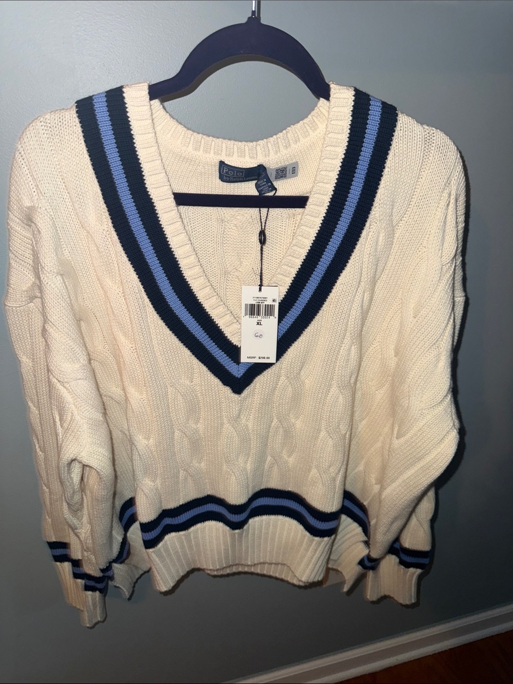 Polo by Ralph Lauren Cream Cable-Knit V-Neck Sweater with Blue Trim